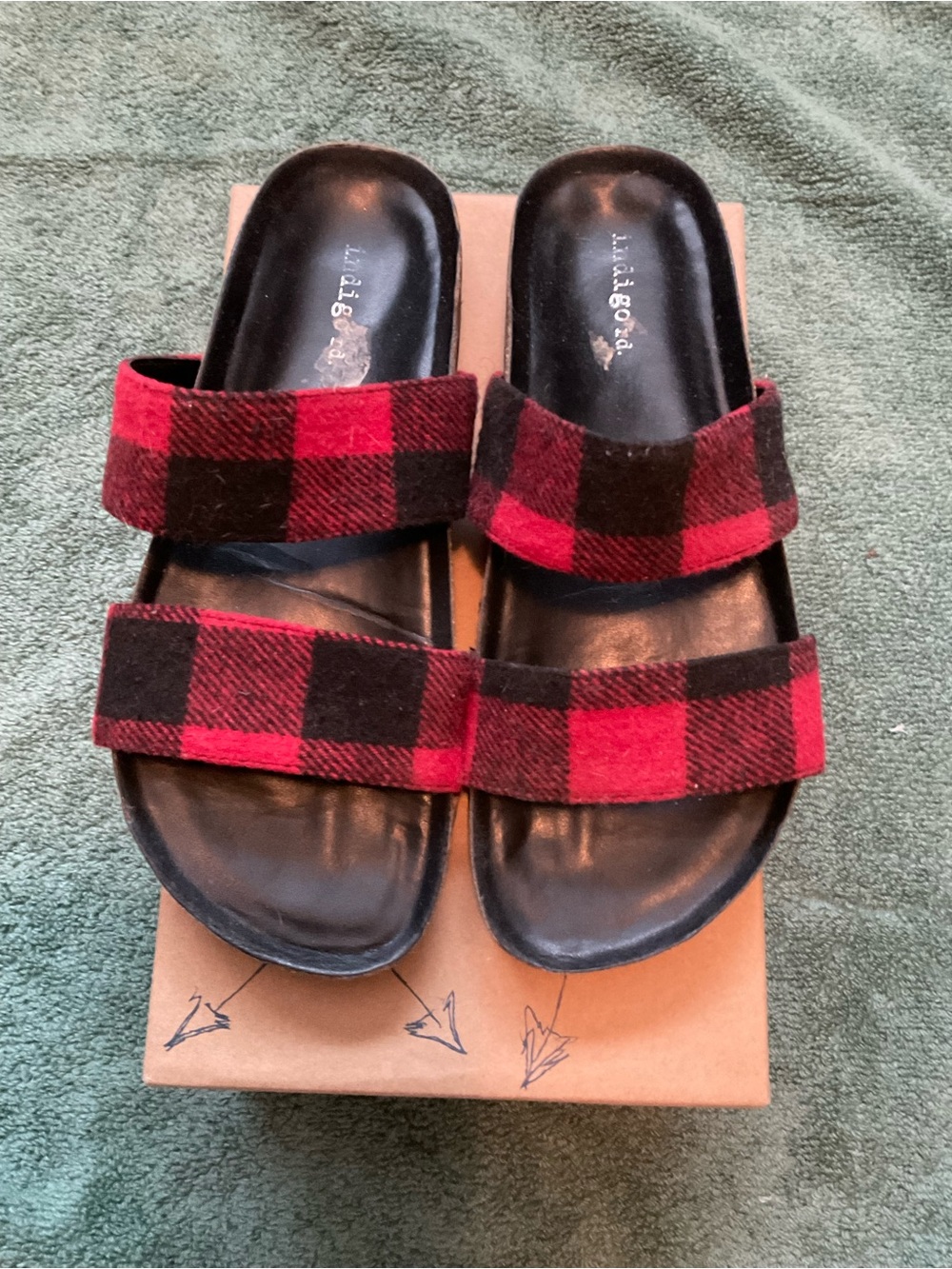 Indigo Red and Black Plaid Double-Strap Slide Sandals